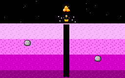 A capsule rides a shaft up through four soil layers and pops into the black sky, the coin rising out of it